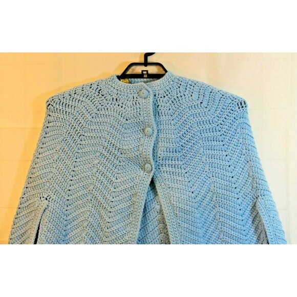 Hand Crocheted Cardigan Shawl Vtg 70s Blue Fringed Sweater Side Arm Slits Sz XL - Picture 3 of 6
